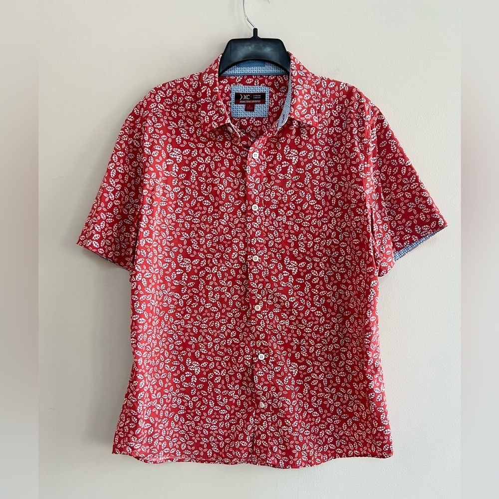 Johnston & Murphy XC4 Short-Sleeve Button Down Leaf Print Shirt, Coral/Red, L